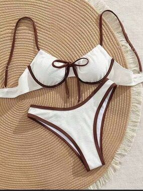 White & Brown Trim Bikini Set